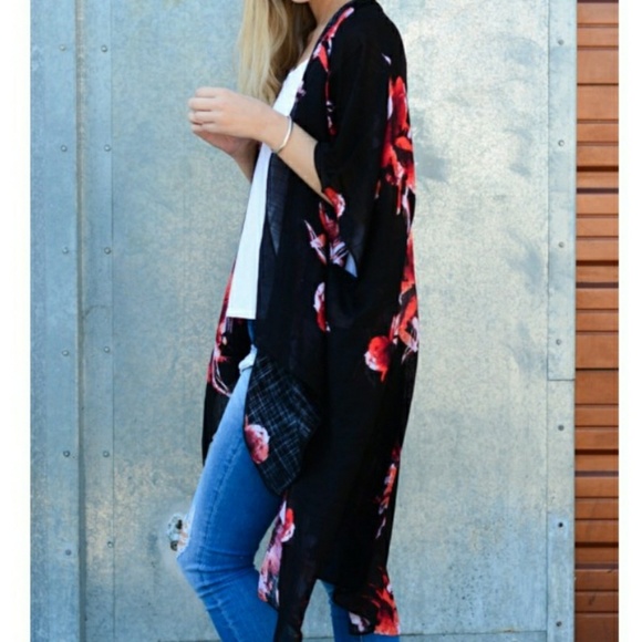 3 Left! Black Floral Print Kimono with Armholes - Picture 5 of 6